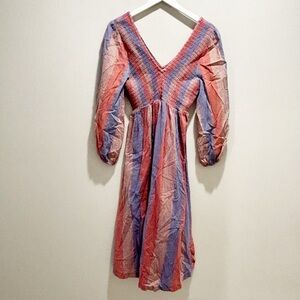 WARM BRAND Women’s Striped Red Blue Cotton Lurex Midi Dress V-Neck Smocked Sz L